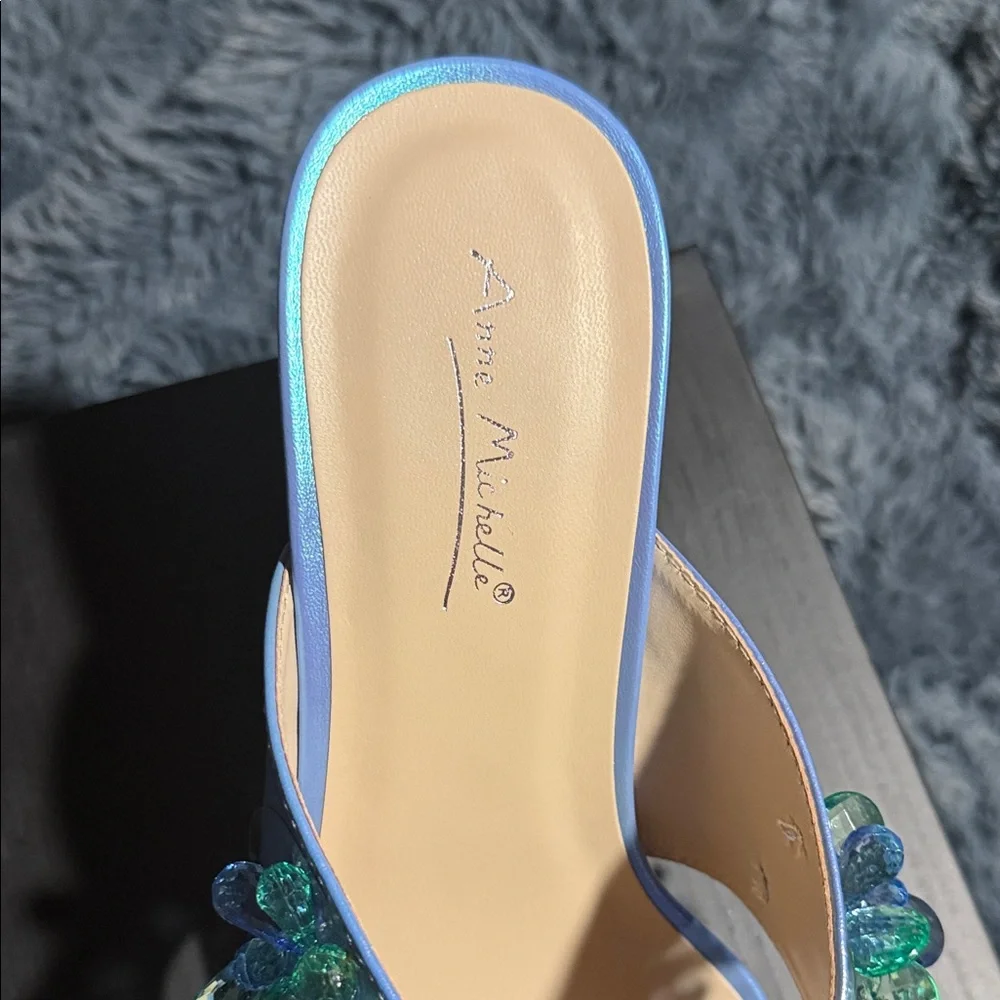 Anne Michelle Elegant Blue Heels with Green Embellishments - Picture 2 of 6